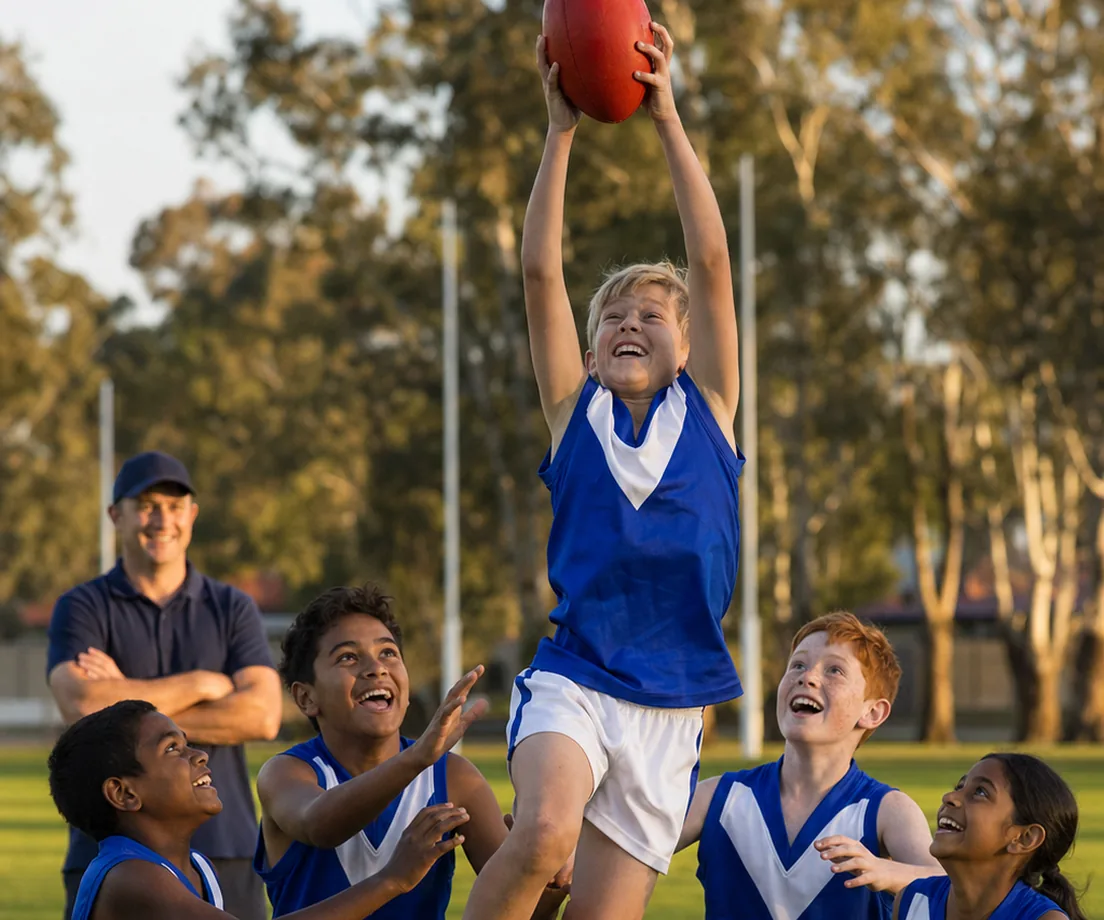 Young AFL players at a community club session while a coach records their skills for parents/carers to follow