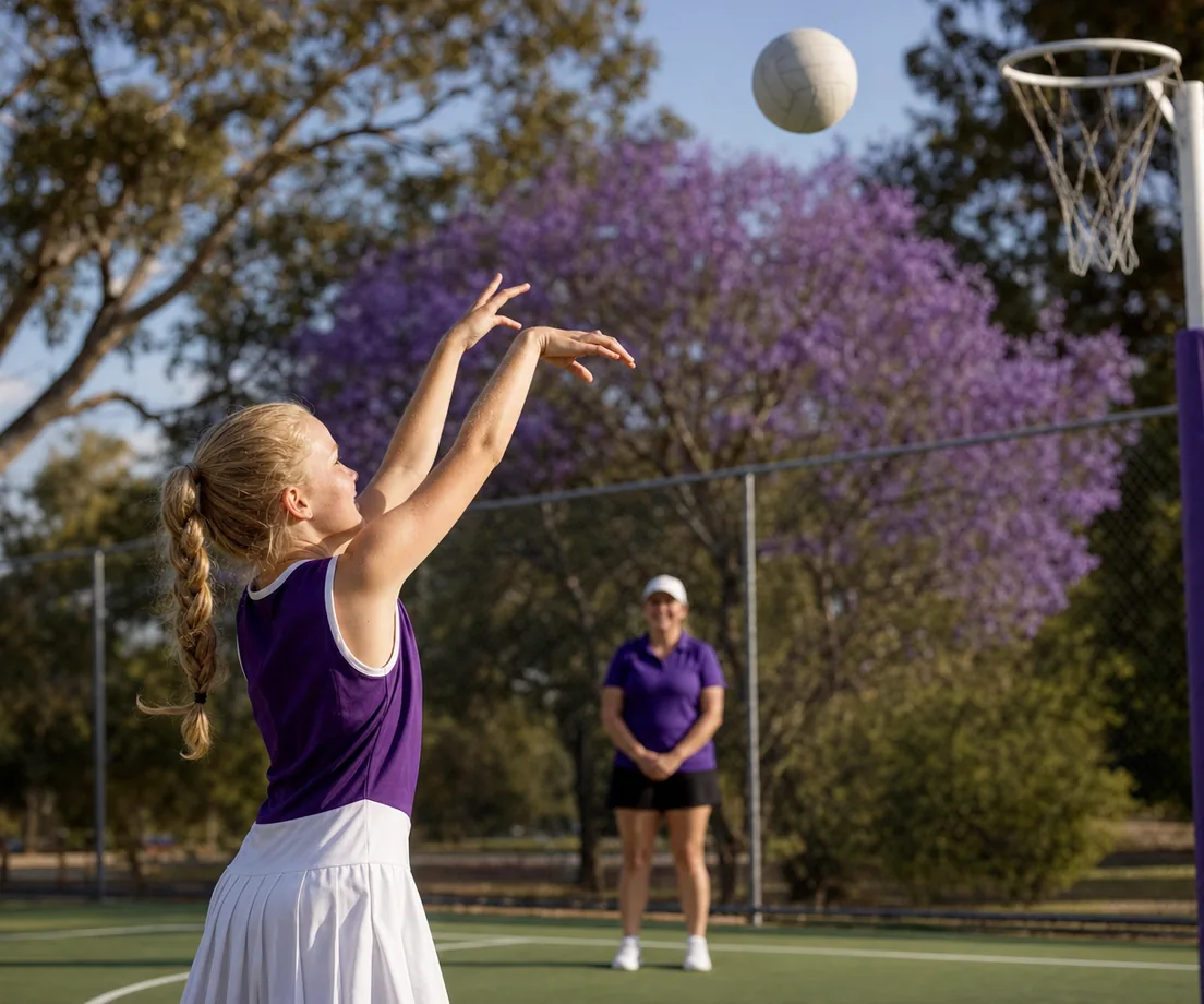 Young netball players at a community club session while a coach records their skills for parents/carers to follow