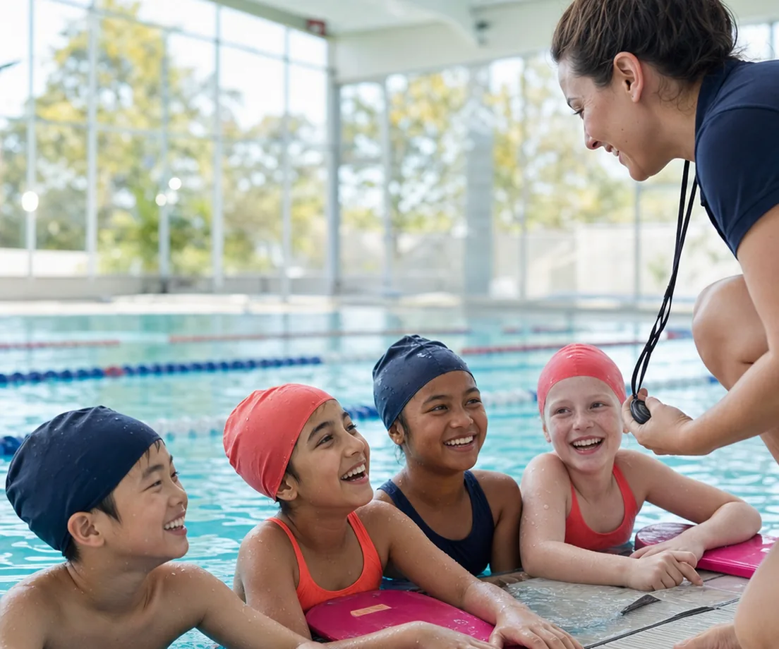 Young swimmers at a community swimming club session while a coach records their skills for parents/carers to follow